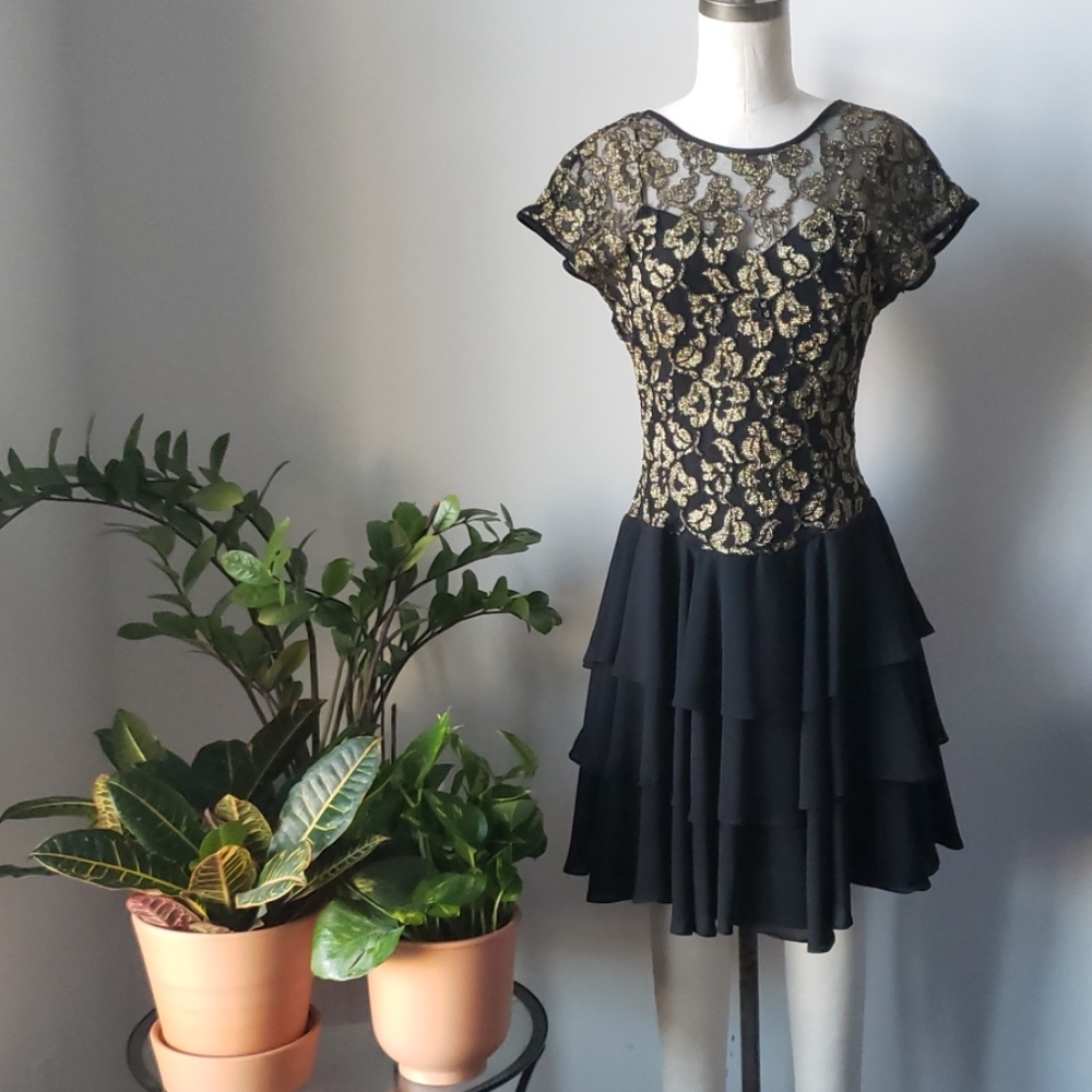 Vintage Black and Gold Lace and Chiffon Dress